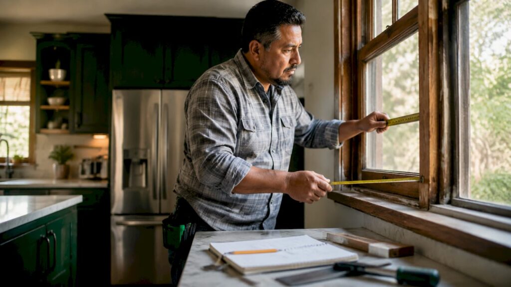 Man measuring inside window frame with tape measure
