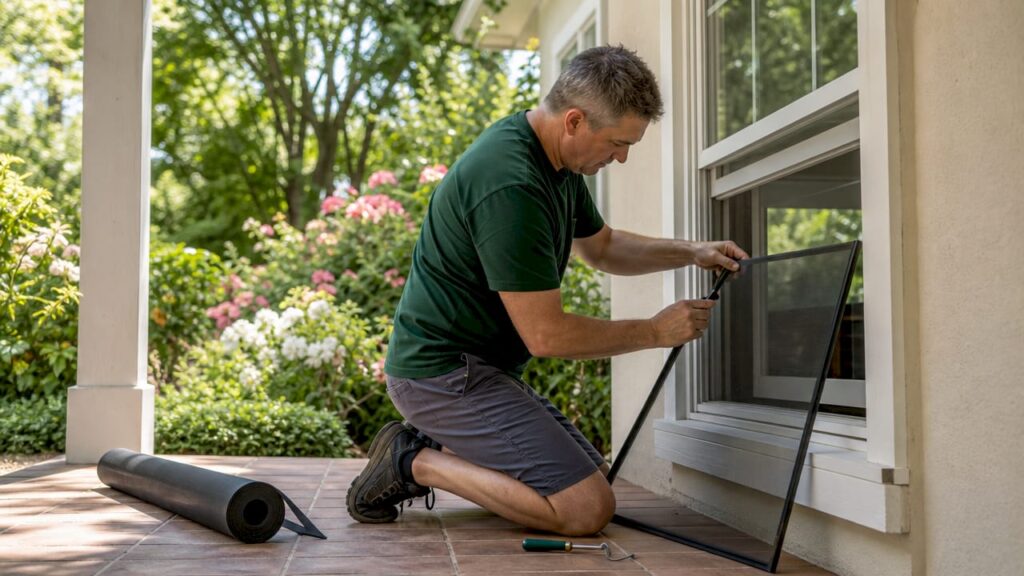Homeowner replacing window screen outdoors