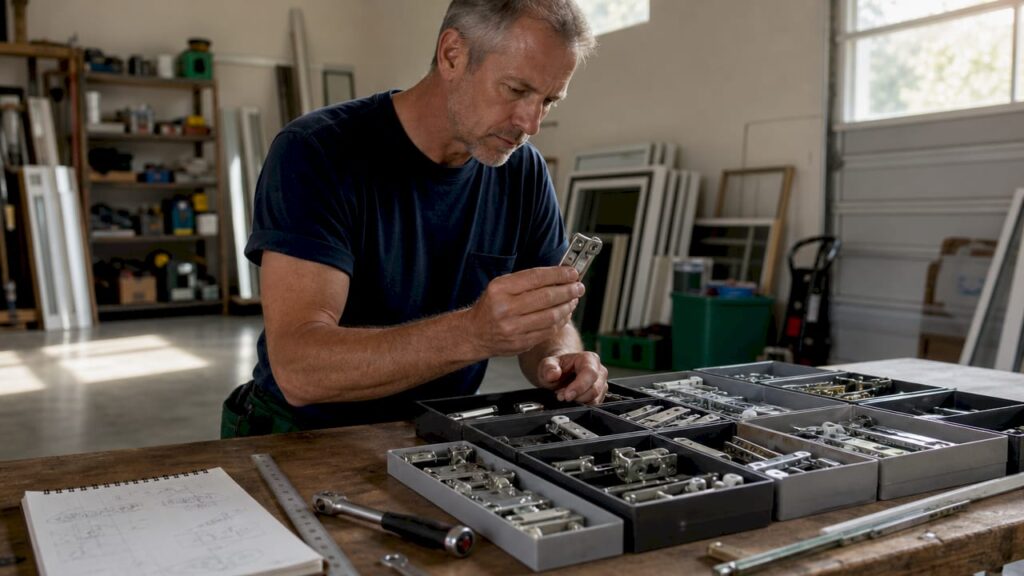 Handyman examining assorted window hardware components