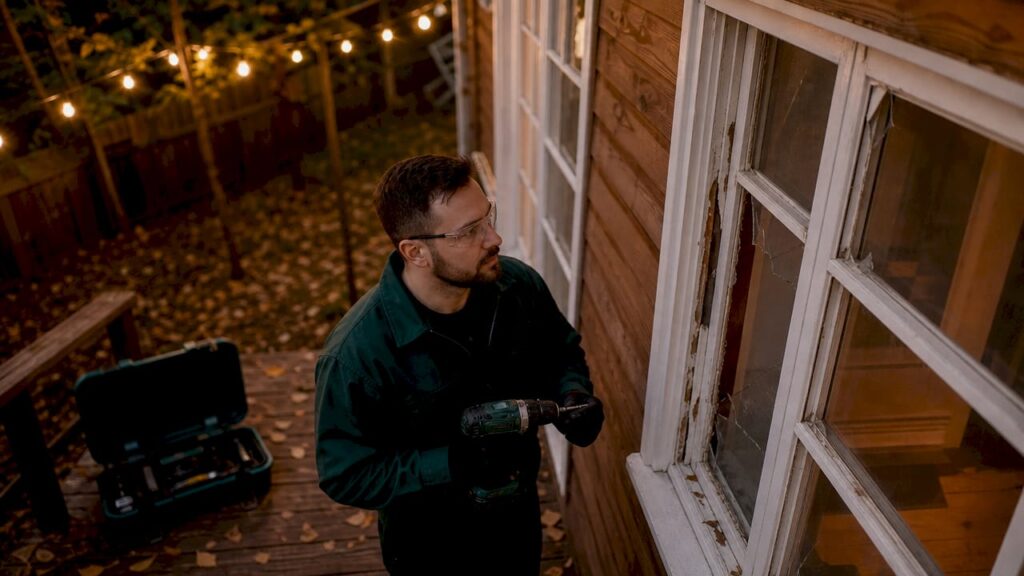 Technician measuring broken window on porch