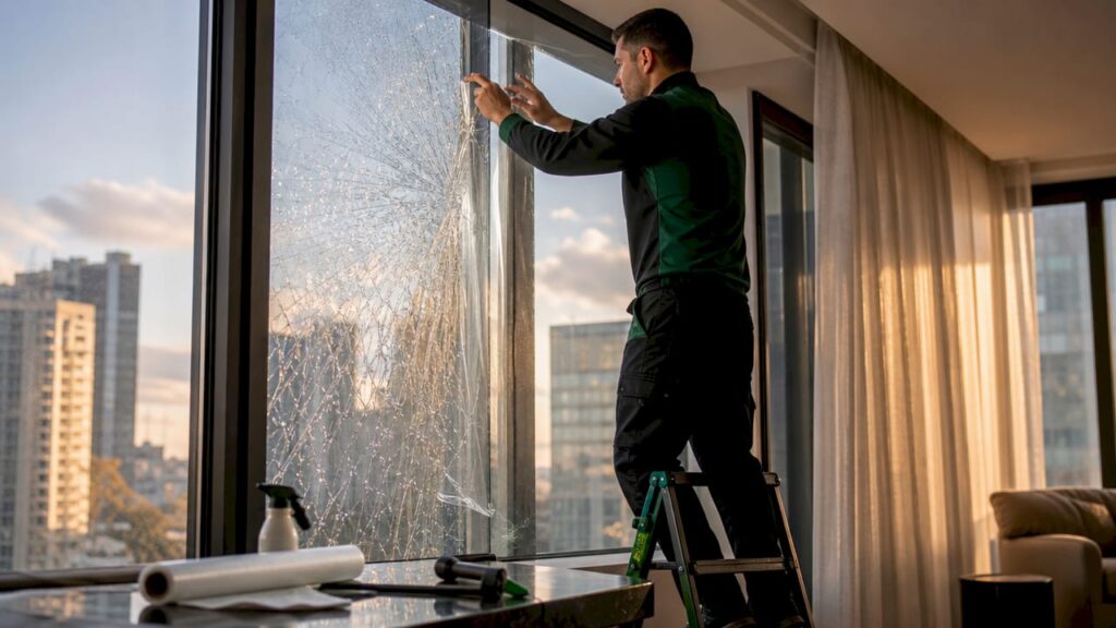 Installer applying safety window film to broken glass
