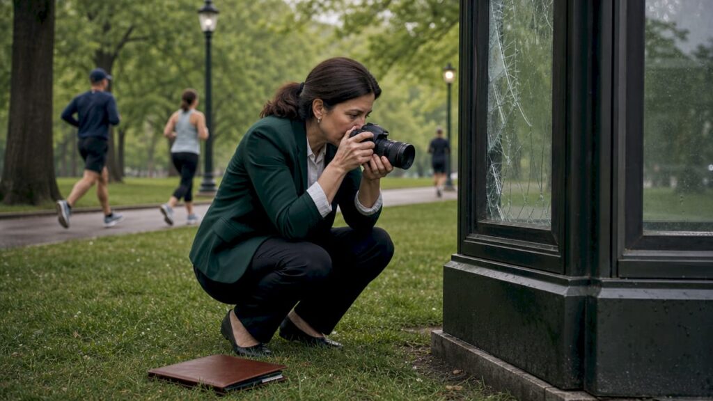 Property manager photographing cracked glass window