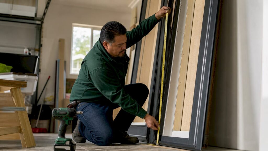 Homeowner measuring door frame opening