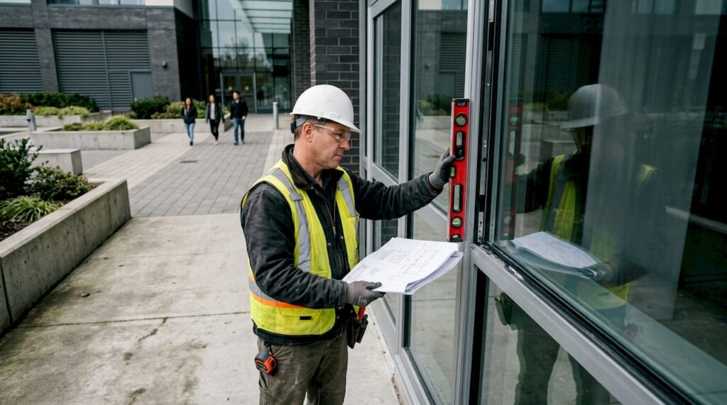 Construction specialist inspecting aluminum storefront window