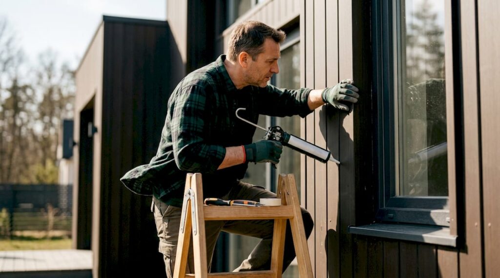 Contractor inspecting siding around window on house exterior