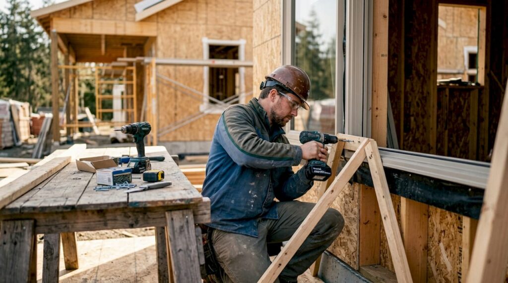 Worker installing window frame anchors indoors