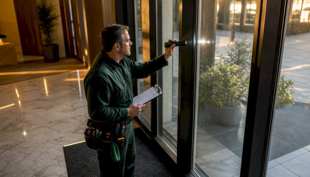 Technician inspecting lobby glass panels