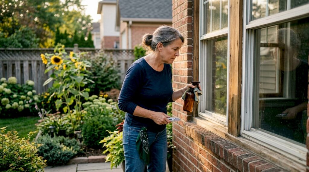 Homeowner inspecting window condition outdoors