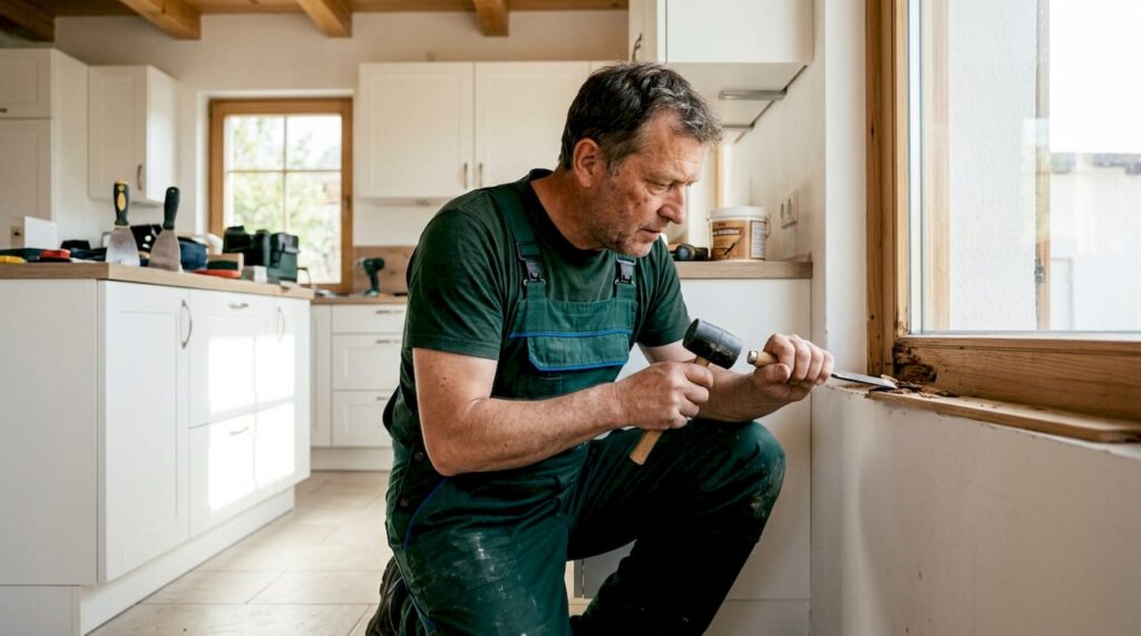Man testing window frame wood for rot