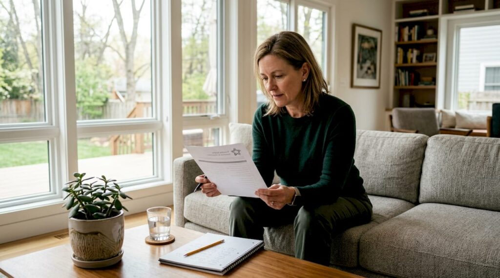 Homeowner reviewing vendor checklist at kitchen table