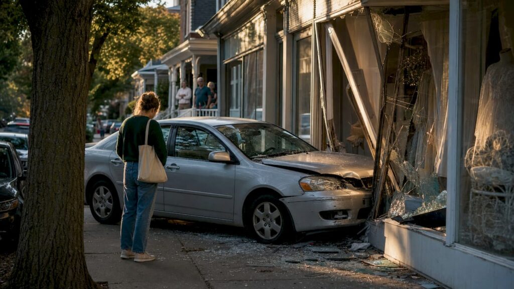 Vehicle crashed into cracked storefront glass