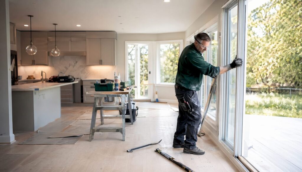 Contractor removing sliding door panel during renovation