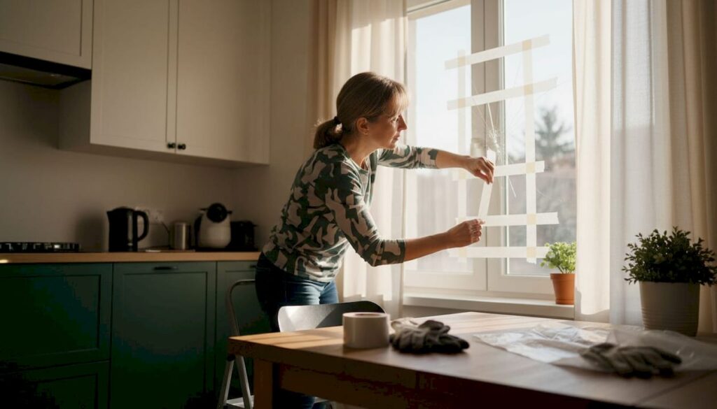 Woman taping crack on broken window