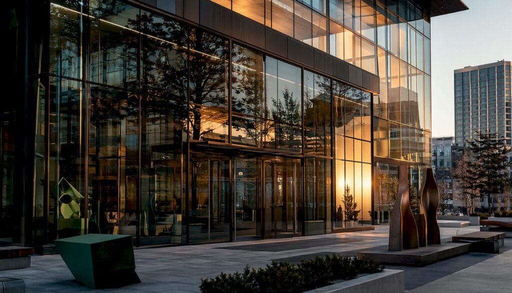 Modern building with frameless structural glazing facade