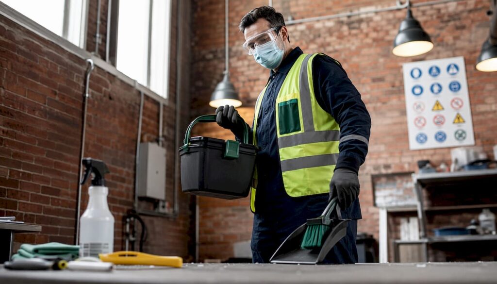 Worker wearing PPE preparing for glass cleanup