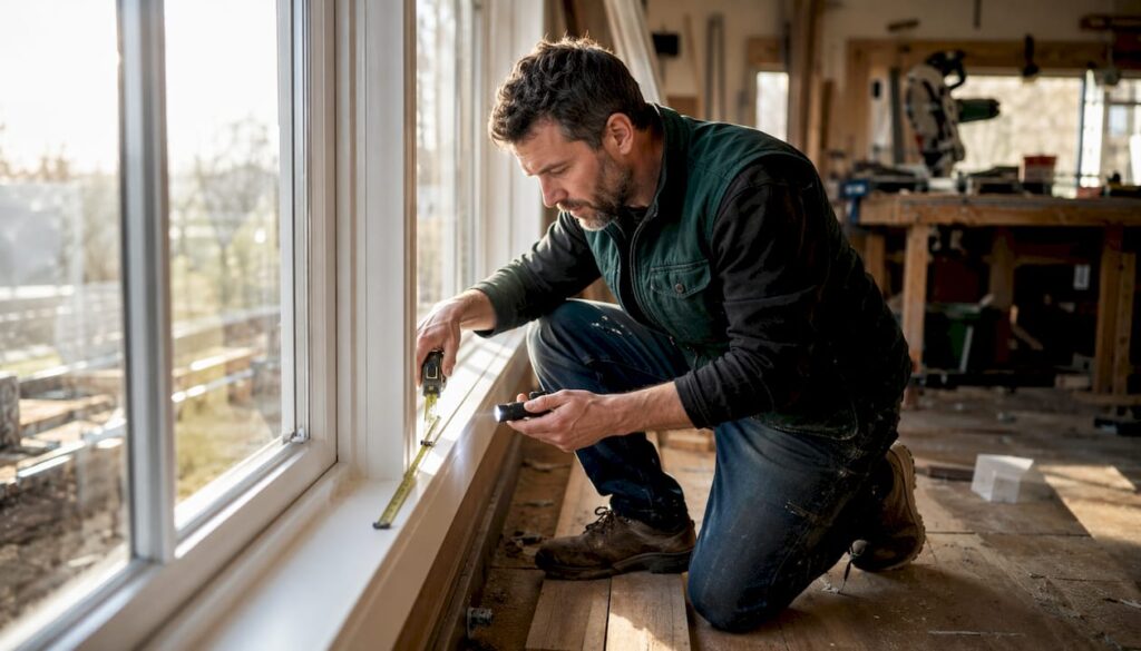 Carpenter inspecting window installation