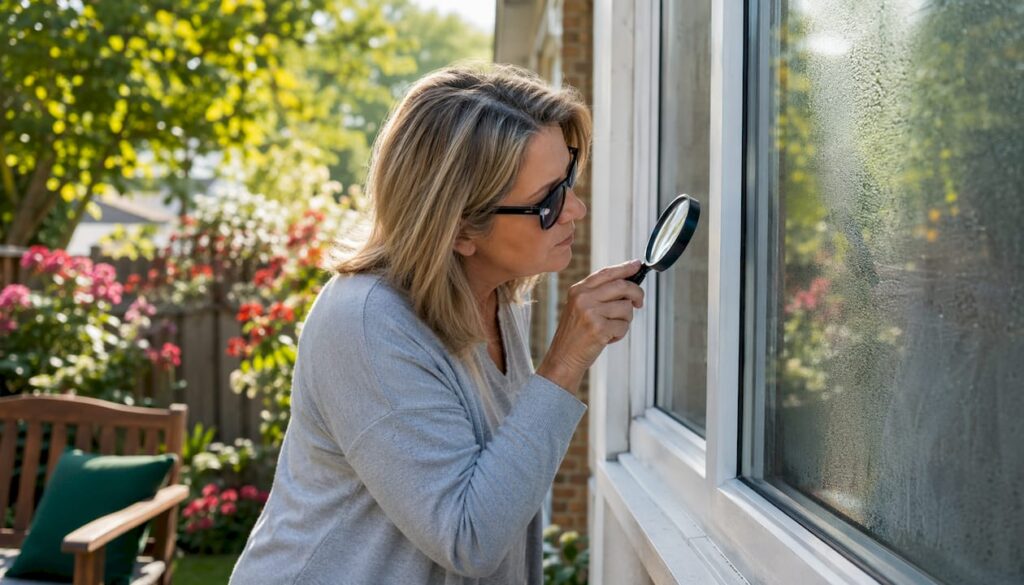 Woman inspecting multi-pane window seal outdoors