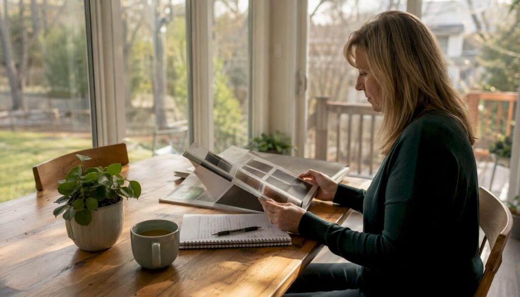 Homeowner reviewing window company brochures