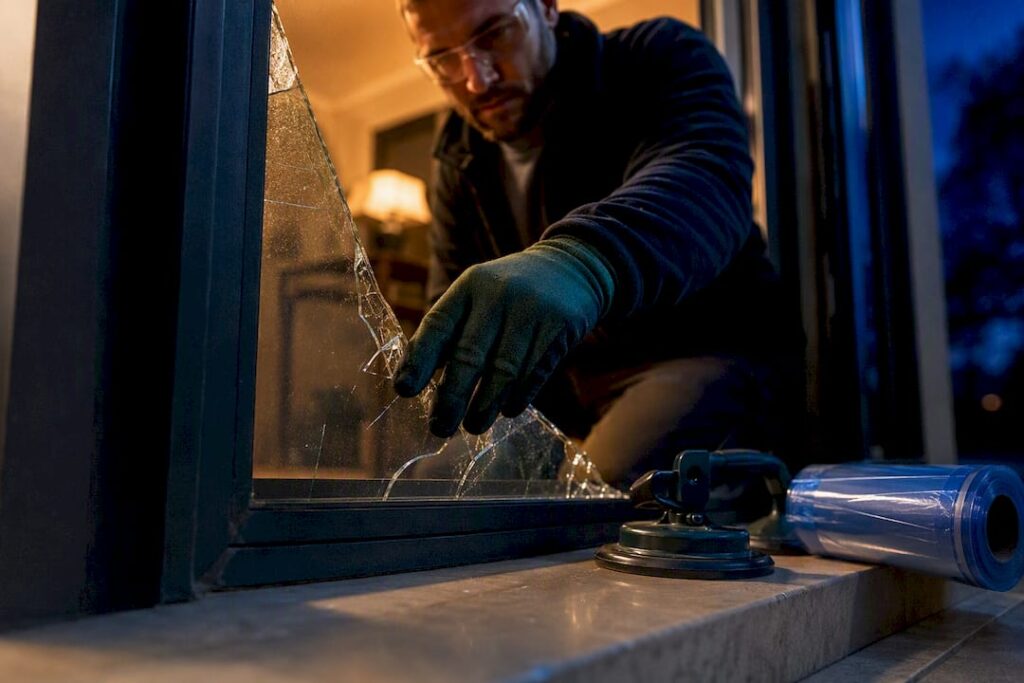 Glazier securing broken residential glass at dusk