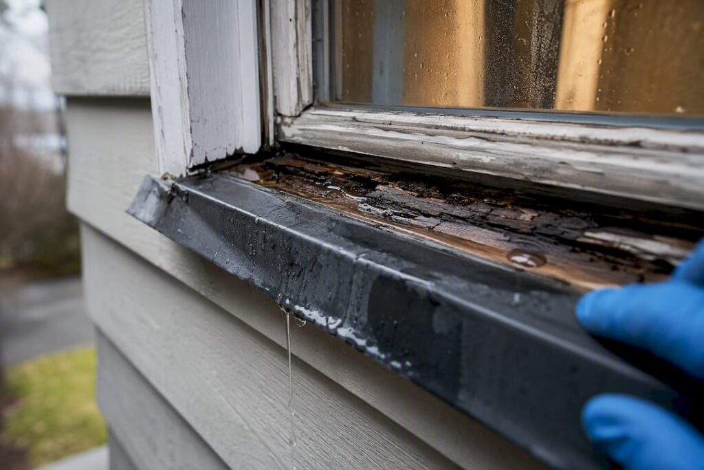 Rainwater reaching a rotted window sill