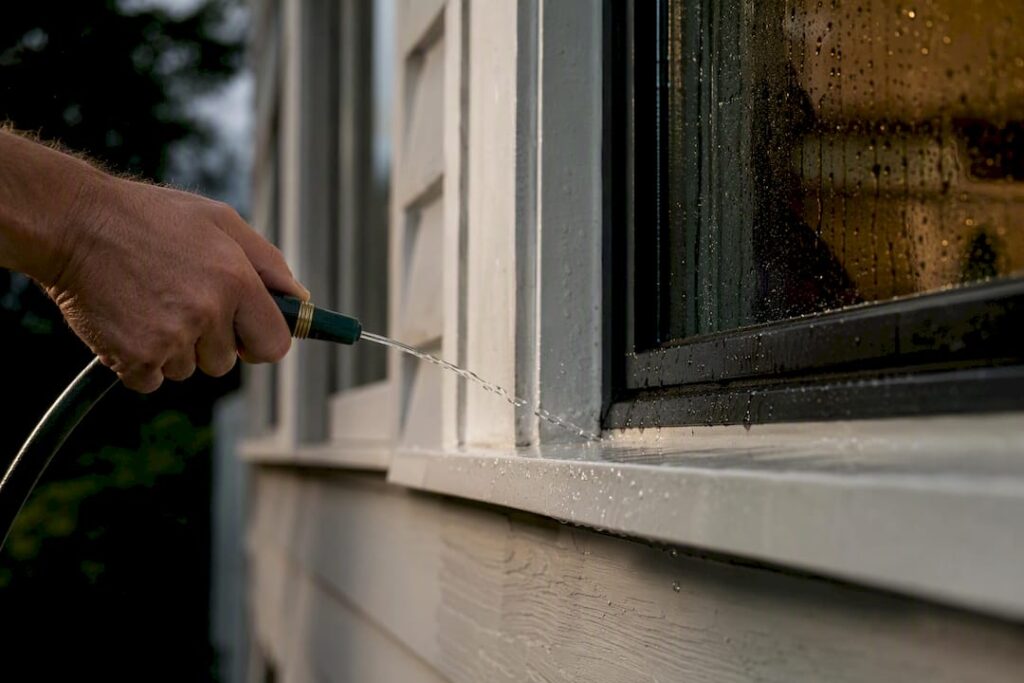 Hose testing water around a window sill