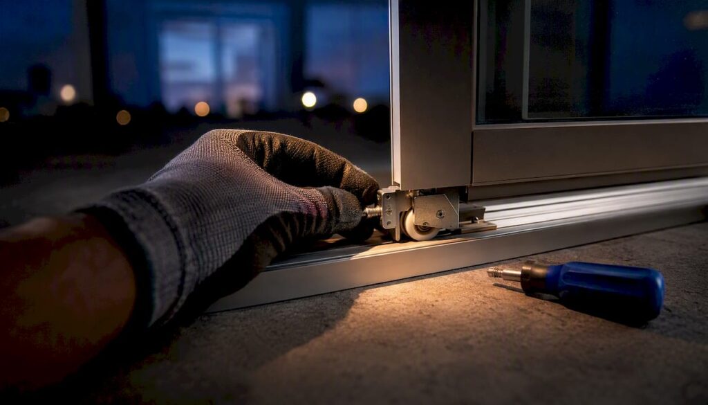Technician adjusting a patio door roller