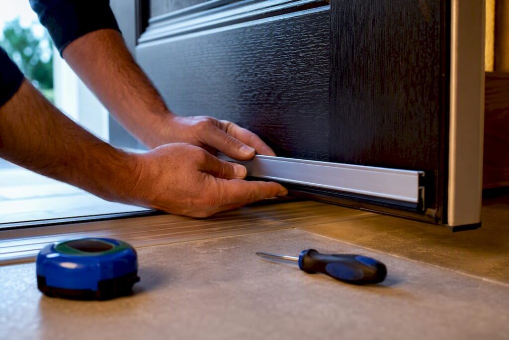 Hands aligning a door sweep above threshold