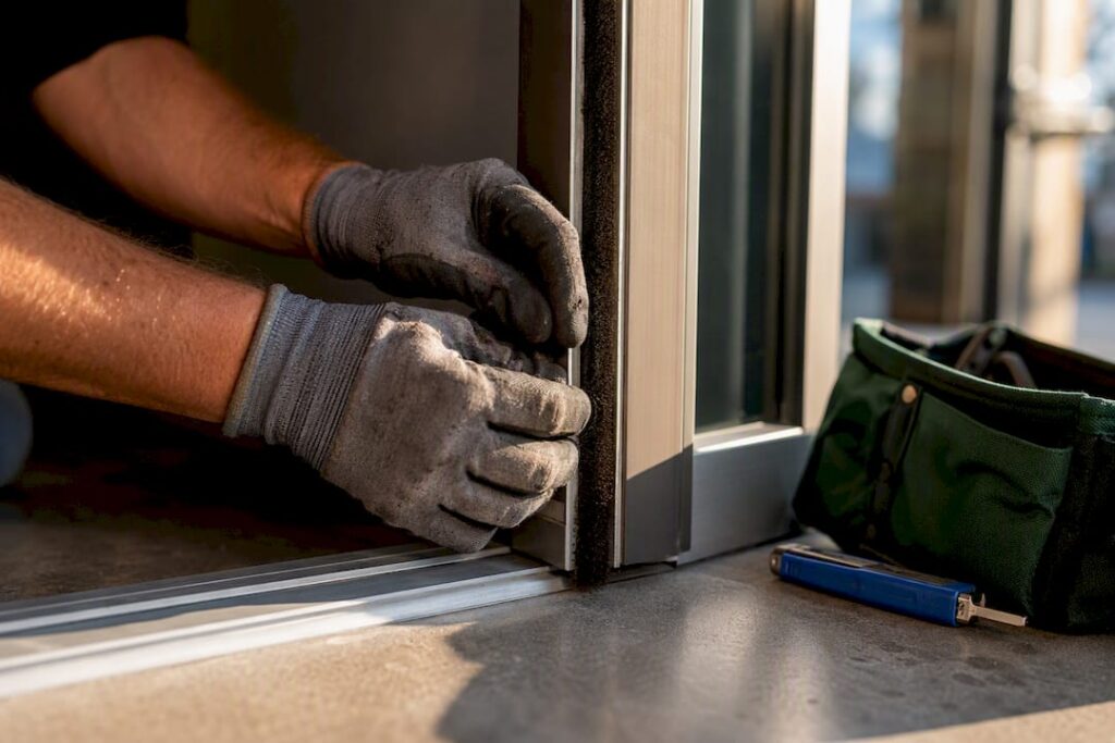 Technician fitting pile seal into storefront channel