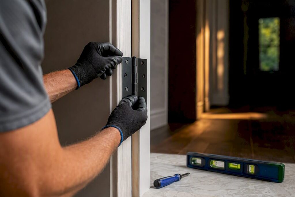 Installer aligning hinge hardware on door frame