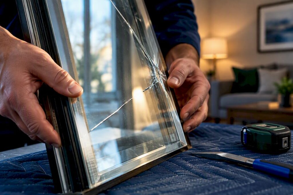 Glazier inspecting cracked window glass