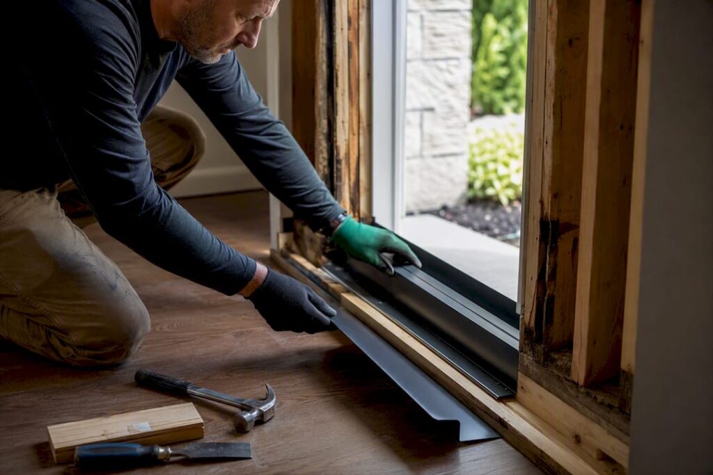 Installer fitting sill pan in patio opening