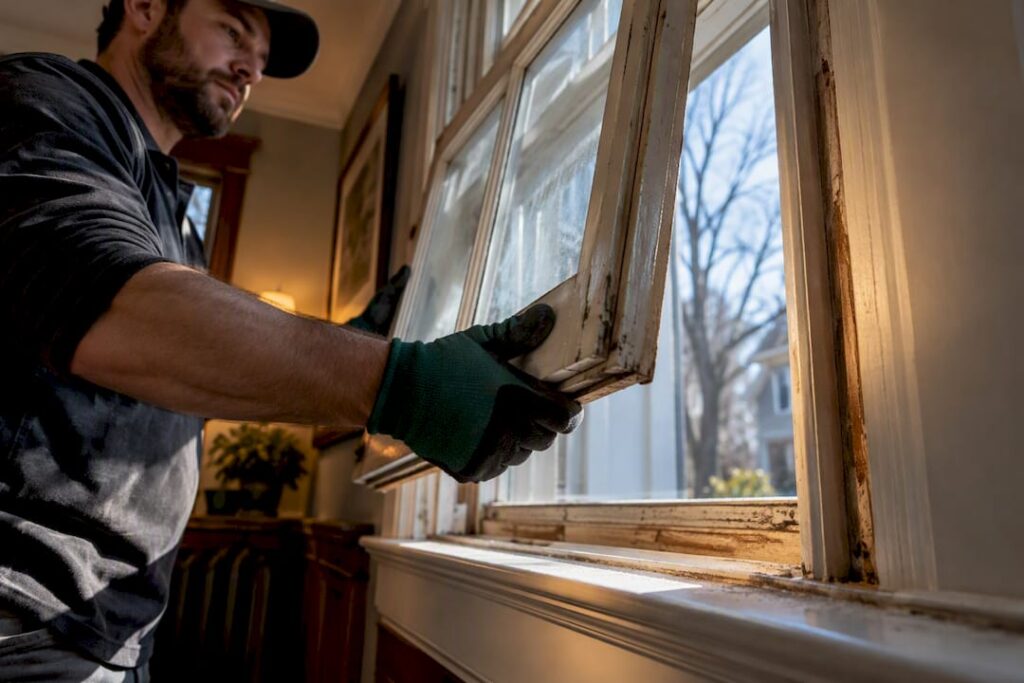 Technician lifting a window sash