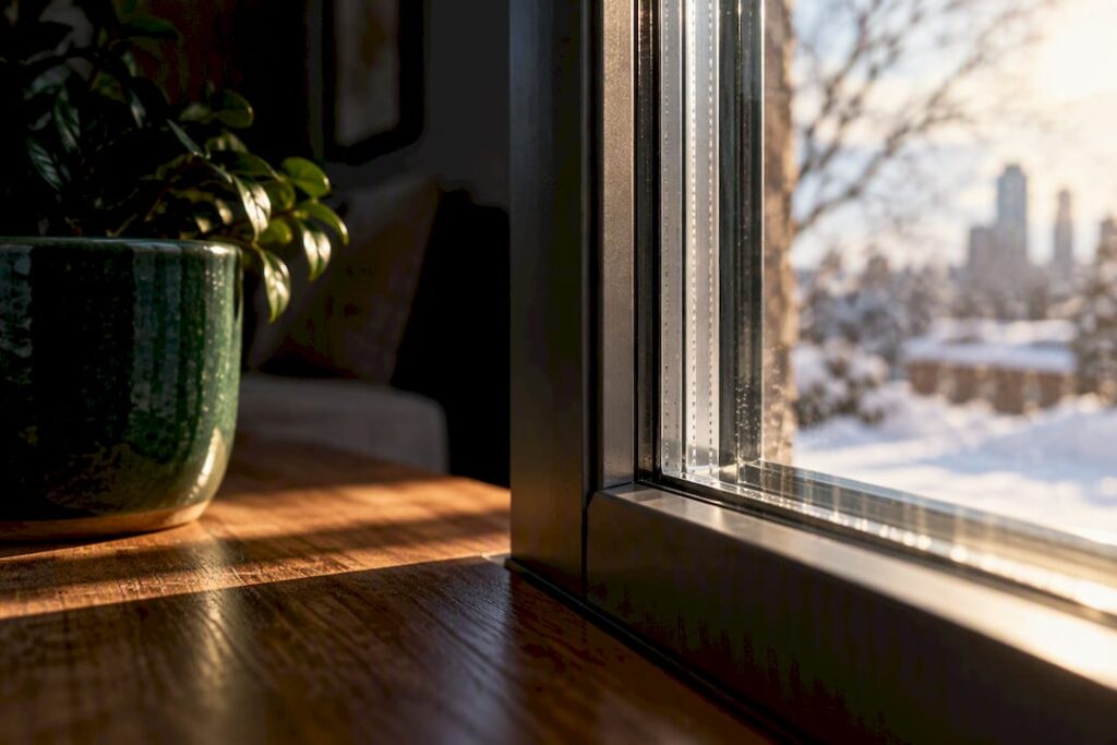 Close-up window glazing with winter sunlight