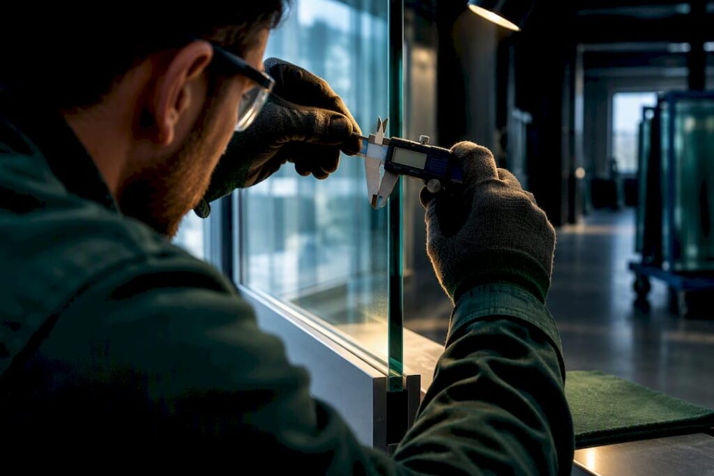 Contractor checking storefront glass thickness