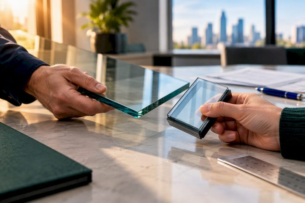 Hands reviewing smart glass installation quote