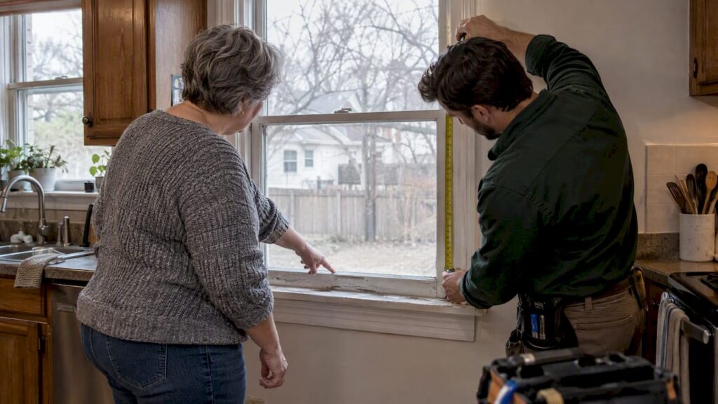 Estimator inspecting residential window frame