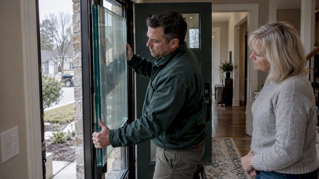 Glazier positioning bullet-resistant glass in entry