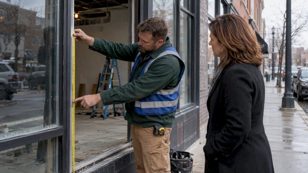 Contractor measuring Kansas City storefront opening