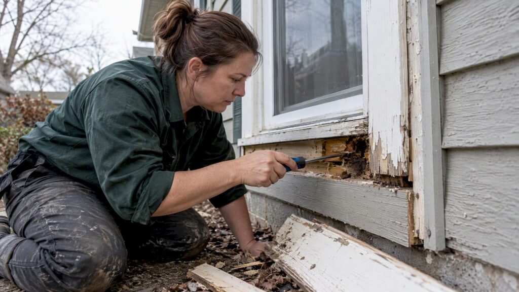 Technician inspecting rotten window casing