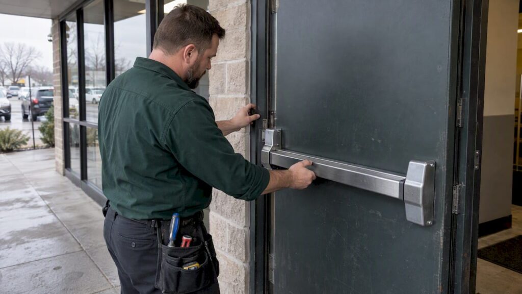 Technician inspecting commercial panic exit door