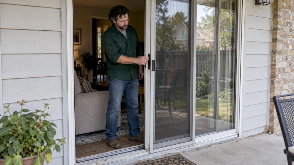 Homeowner securing a sliding glass patio door