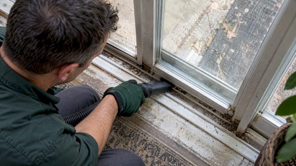 Vacuum nozzle removing grit from a sliding door track