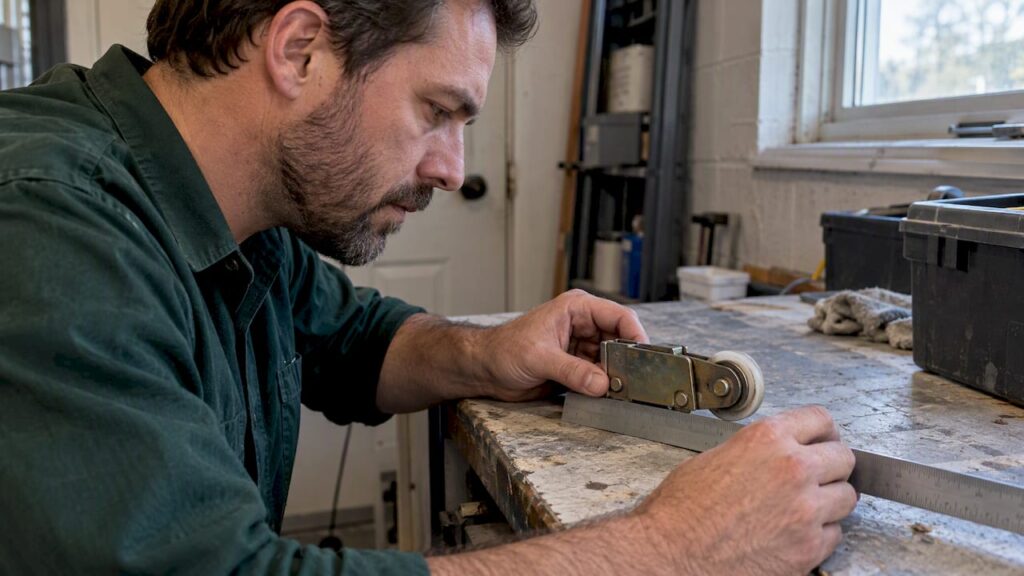 Homeowner measuring a sliding door roller assembly