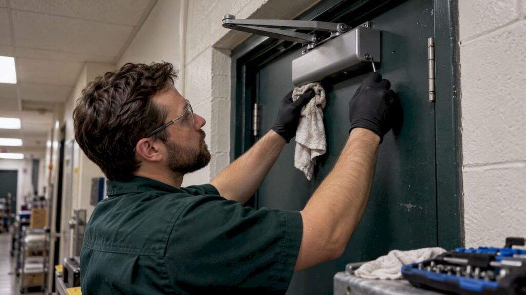 Technician checking a commercial door closer