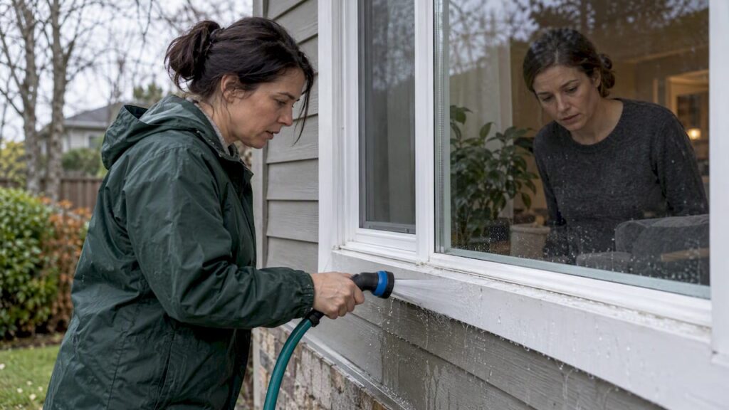Homeowners checking a window with a hose