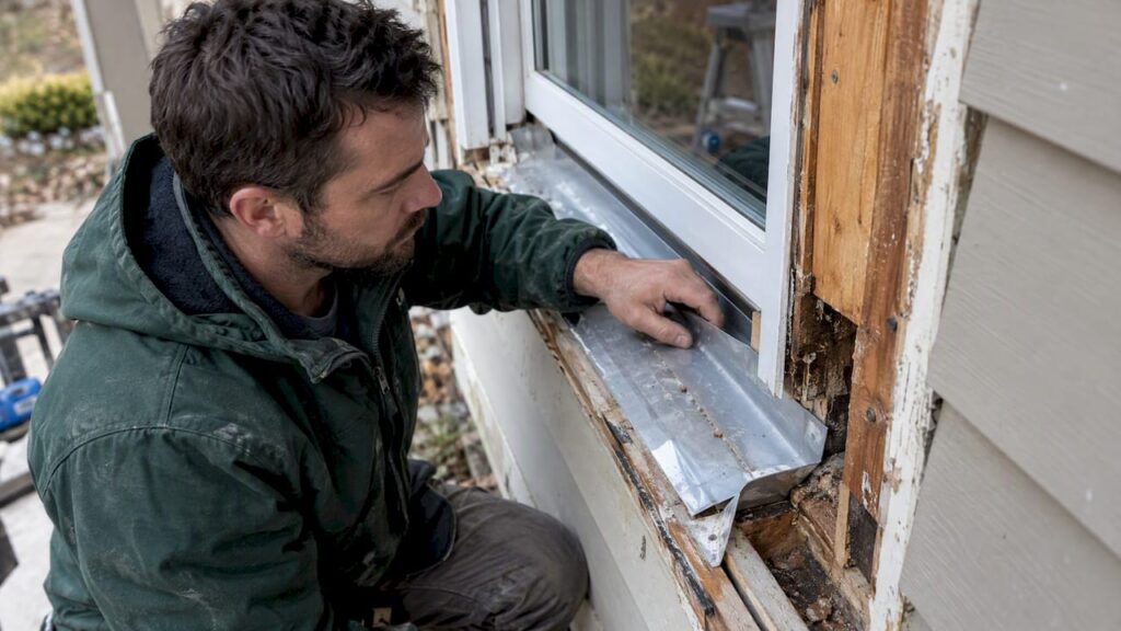 Technician inspecting a window sill back dam