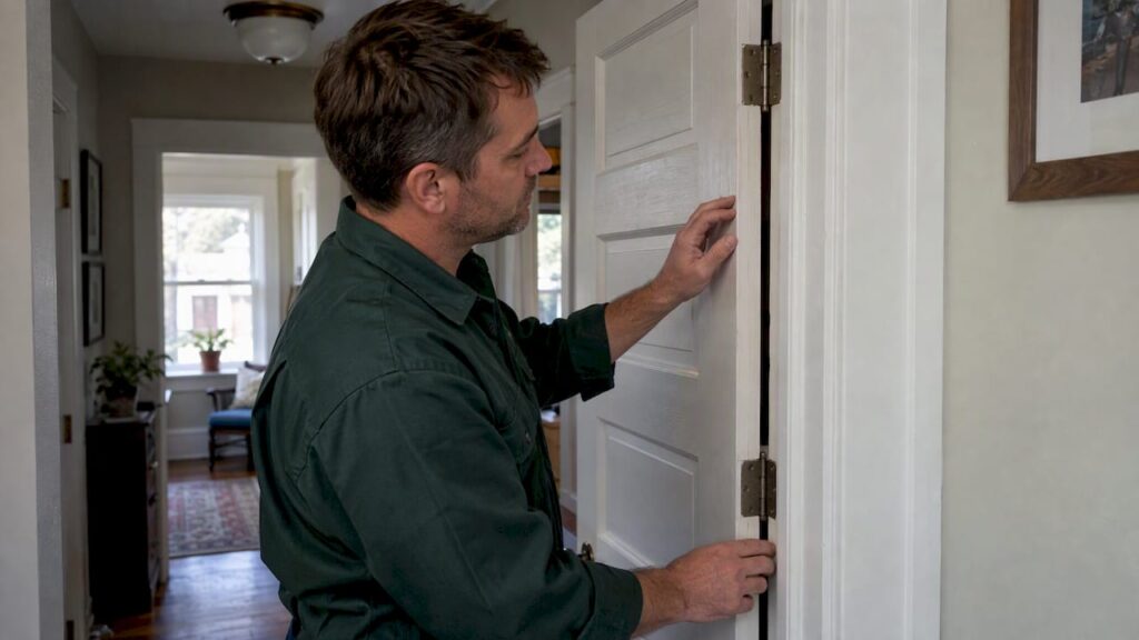 Technician checking a door hinge for binding