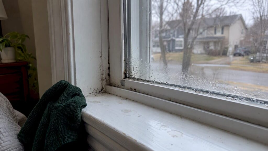 Mold spots along a bedroom window frame